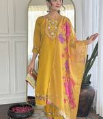 Mustard chanderi embroidered sttiched suit