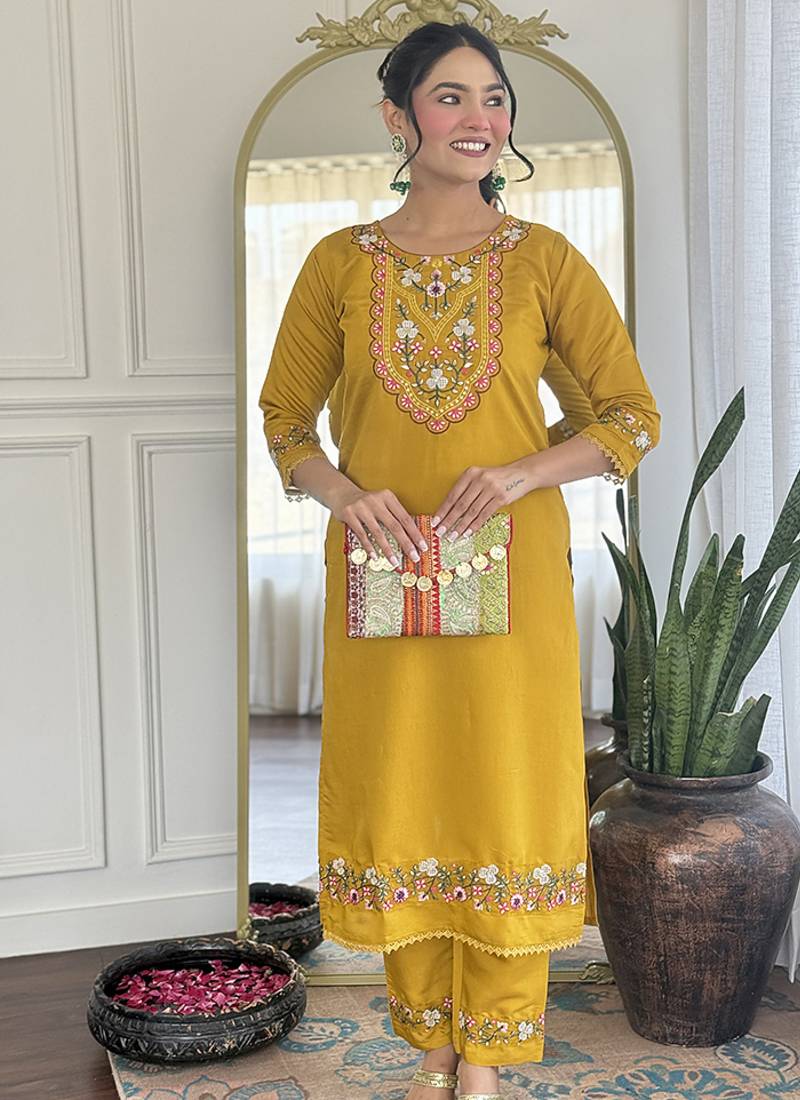 Mustard chanderi embroidered sttiched suit