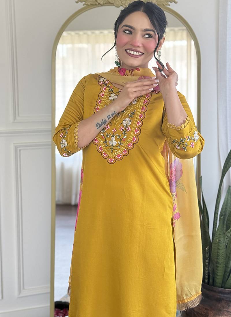 Mustard chanderi embroidered sttiched suit