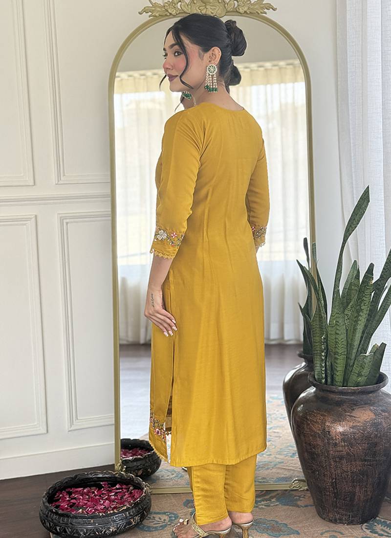 Mustard chanderi embroidered sttiched suit