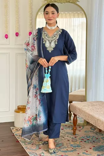 Navy blue rayon sttiched kurta set