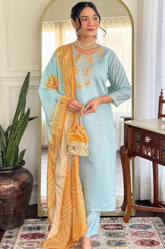 Sky blue chanderi silk embroidered sttiched kurta set