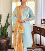 Sky blue chanderi silk embroidered sttiched kurta set