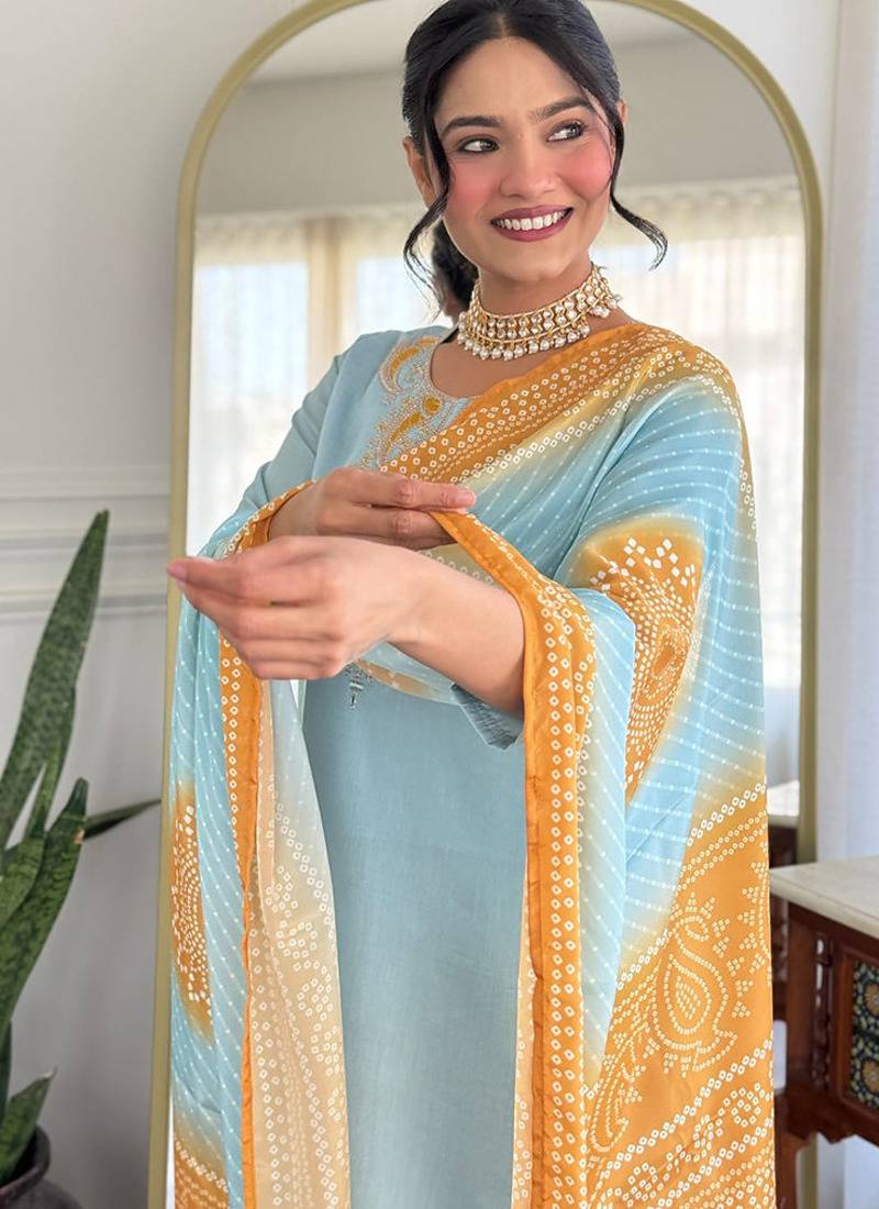Sky blue chanderi silk embroidered sttiched kurta set