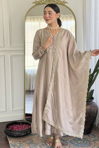 Cream vichitra silk embroidered anarkali set