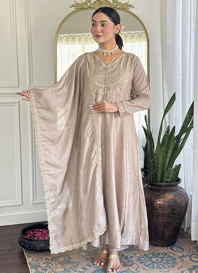 Cream vichitra silk embroidered anarkali set