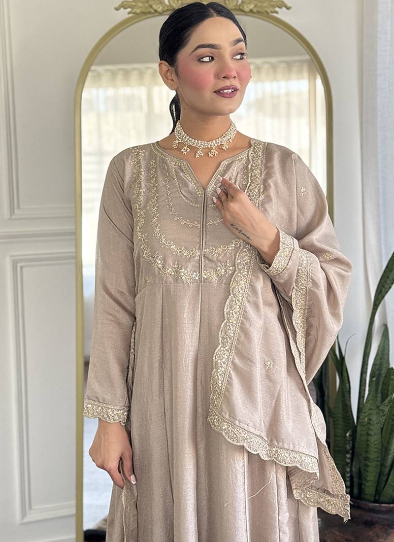 Cream vichitra silk embroidered anarkali set