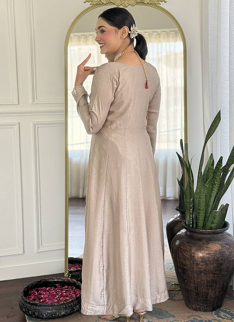 Cream vichitra silk embroidered anarkali set