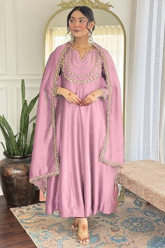 Light pink vichitra silk embroidered anarkali set