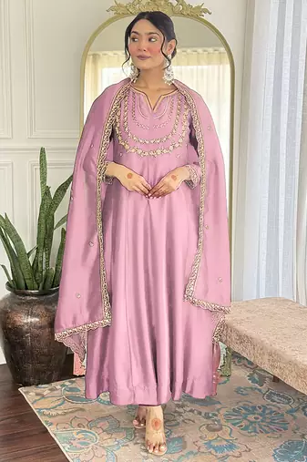 Light pink vichitra silk embroidered anarkali set
