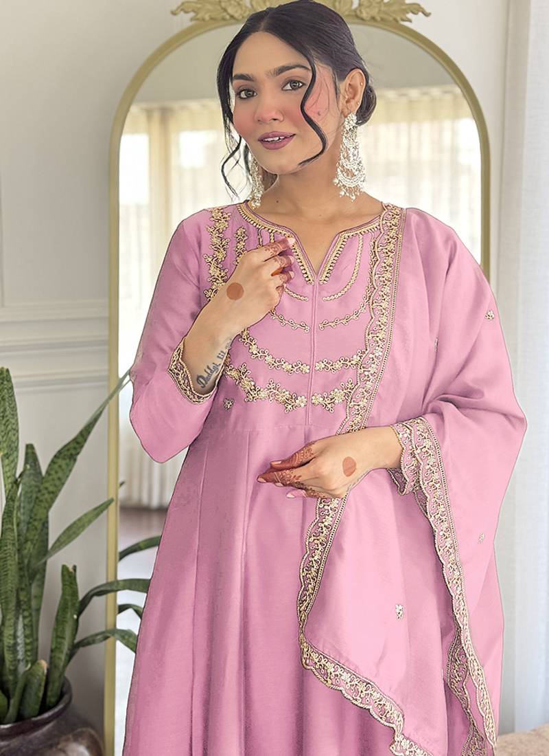 Light pink vichitra silk embroidered anarkali set