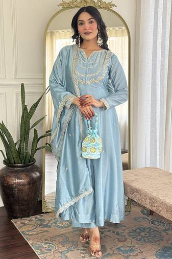 Light blue vichitra silk embroidered anarkali set