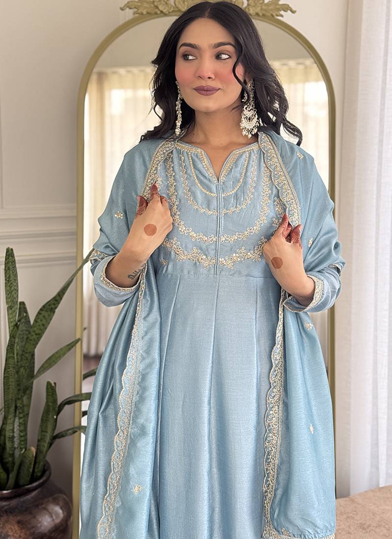 Light blue vichitra silk embroidered anarkali set