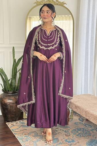 Dark purple vichitra silk embroidered anarkali set