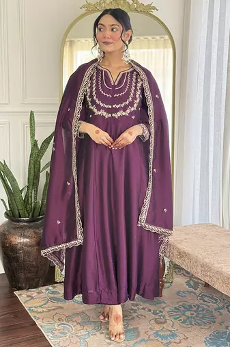 Dark purple vichitra silk embroidered anarkali set