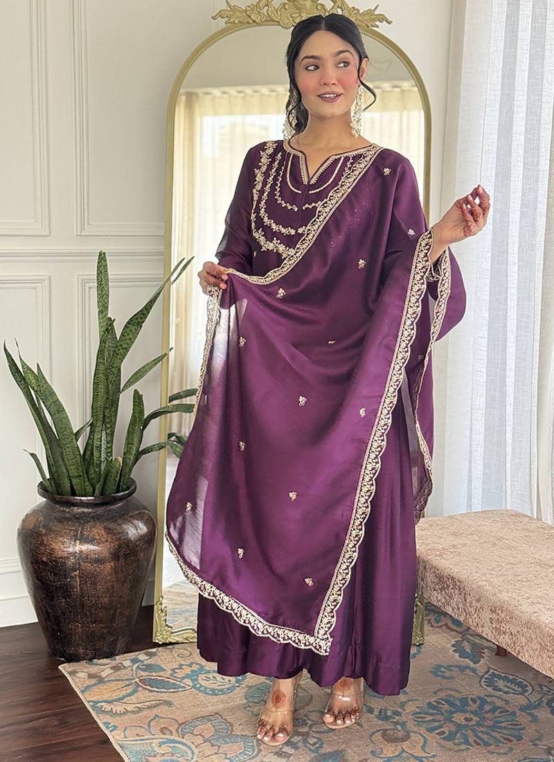 Dark purple vichitra silk embroidered anarkali set