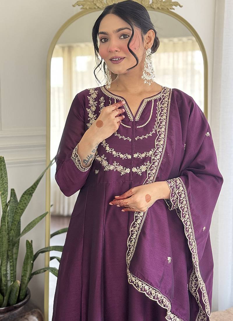 Dark purple vichitra silk embroidered anarkali set