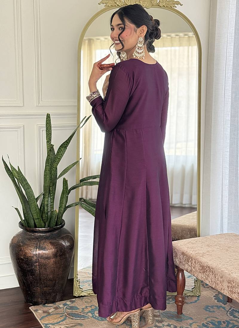 Dark purple vichitra silk embroidered anarkali set