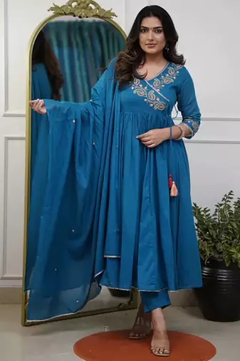Sky blue silk blend embroidered sttiched kurta set