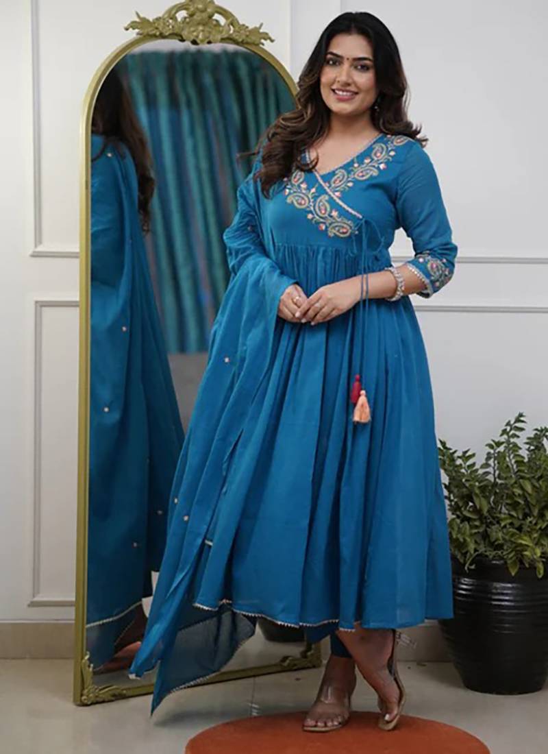 Sky blue silk blend embroidered sttiched kurta set