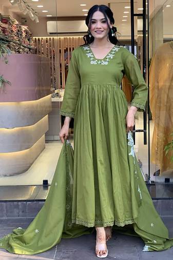 Olive green fancy fabric anarkali suit