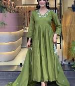 Olive green fancy fabric anarkali suit