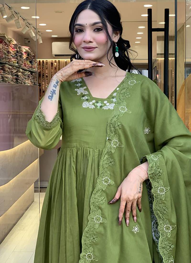 Olive green fancy fabric anarkali suit
