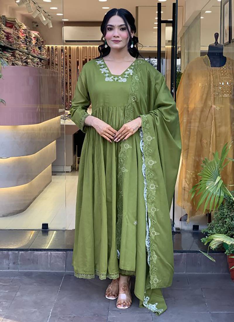 Olive green fancy fabric anarkali suit