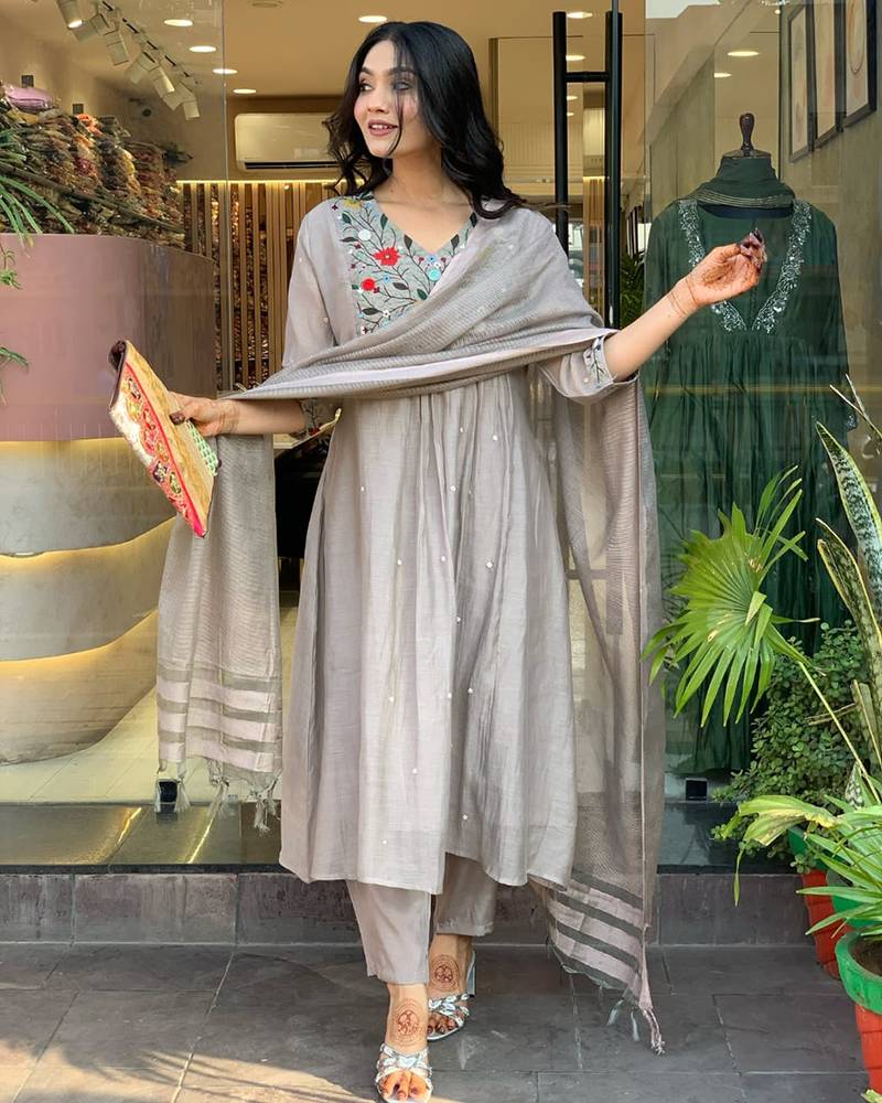 Grey  chinon viscose fabric anarkali suit