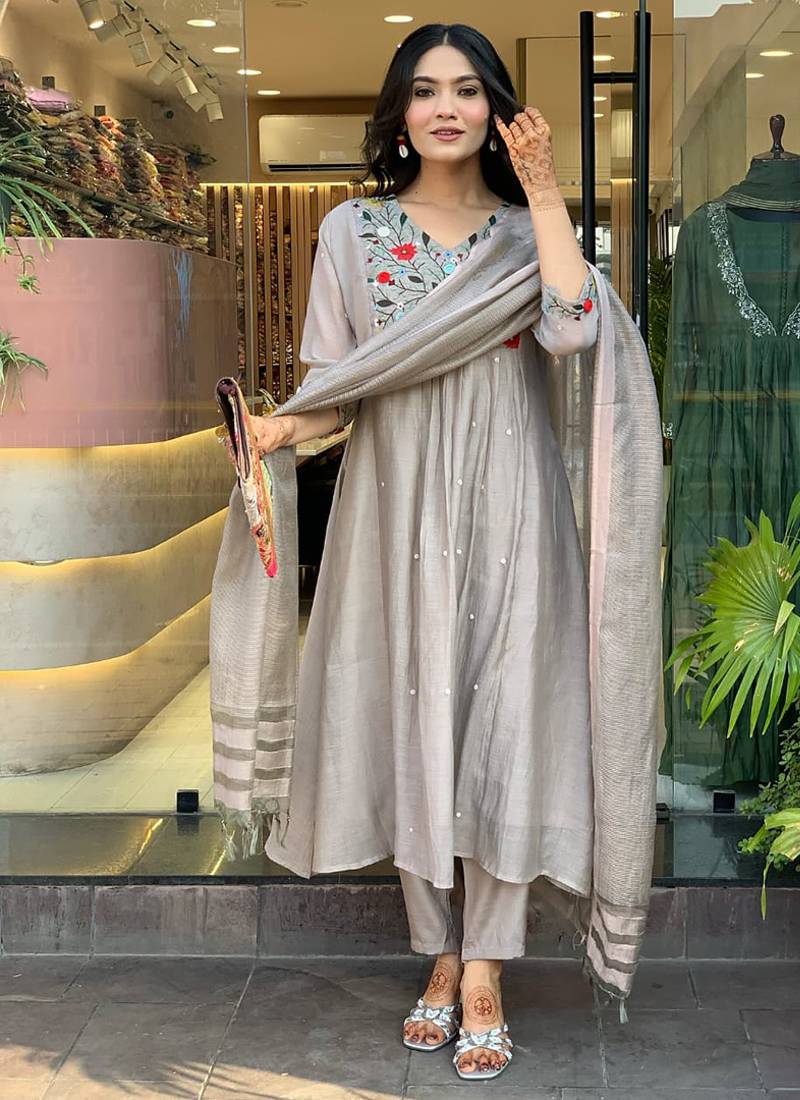 Grey  chinon viscose fabric anarkali suit