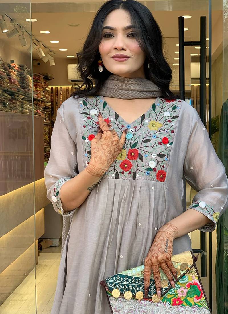 Grey  chinon viscose fabric anarkali suit