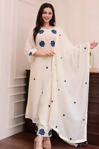 Off white color rayon sttiched kurta set