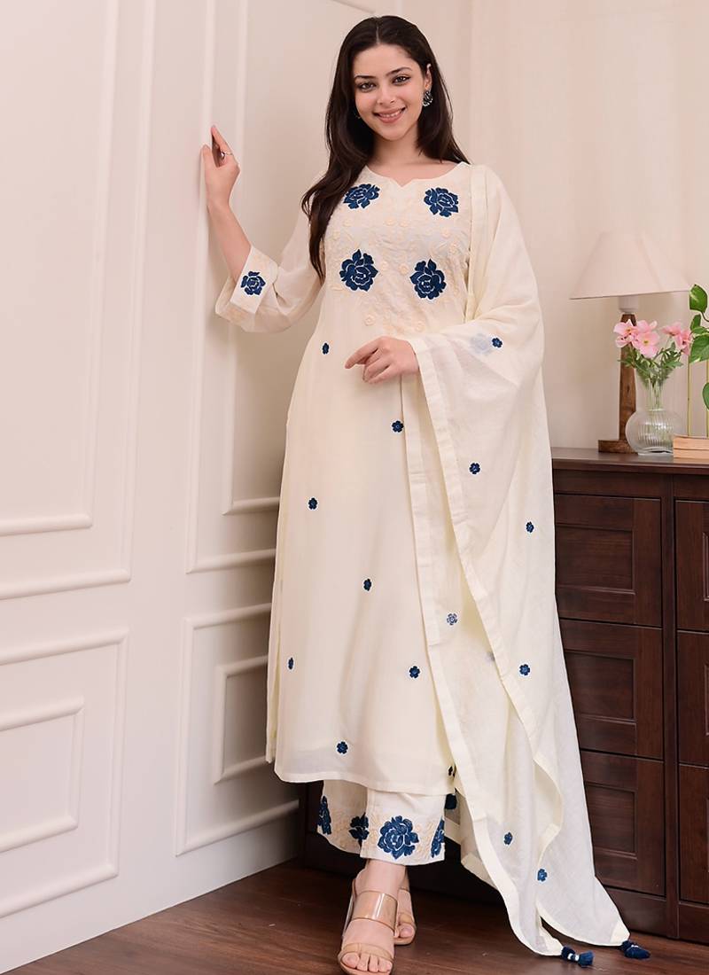 Off white color rayon sttiched kurta set