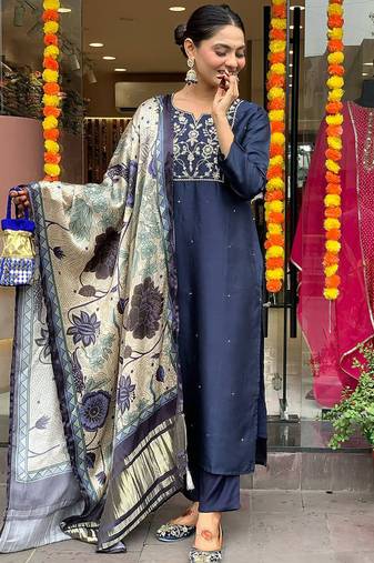 Navy blue viscose chanderi embroidered kurta set