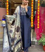 Navy blue viscose chanderi embroidered kurta set