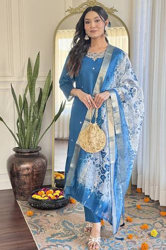 Turquoise color roman silk sttiched kurta set