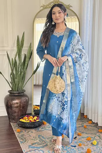 Turquoise color roman silk sttiched kurta set