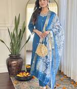 Turquoise color roman silk sttiched kurta set