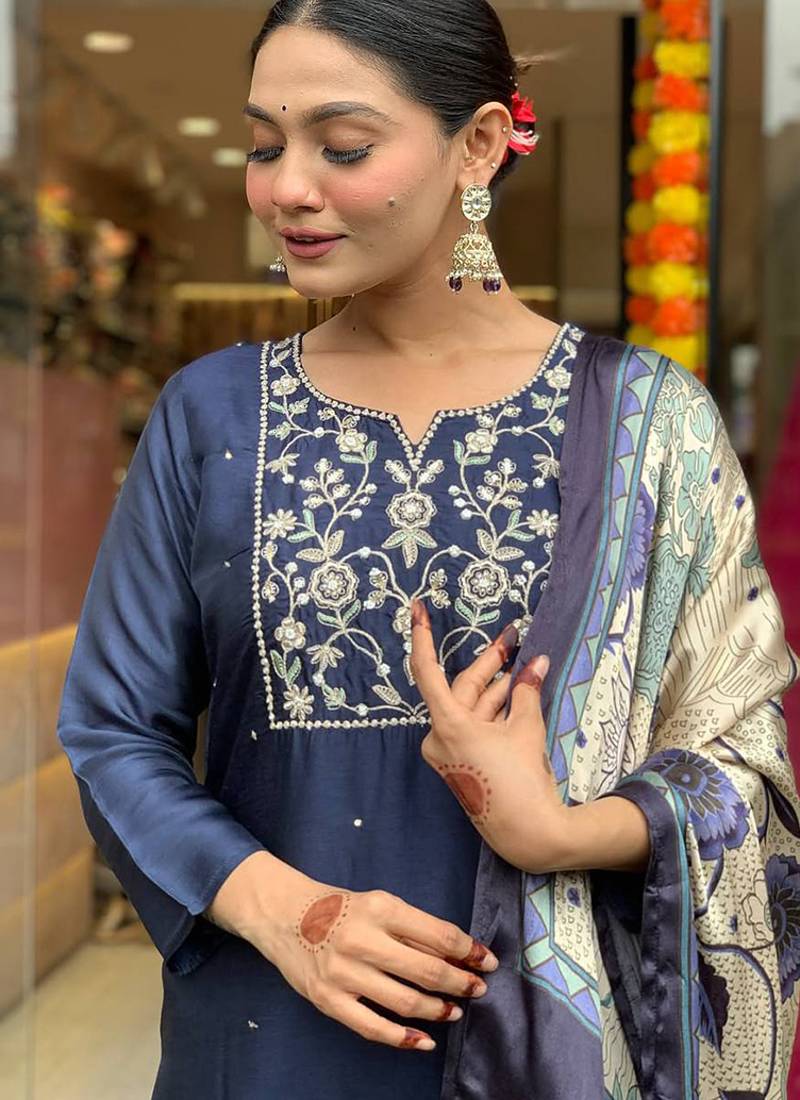 Navy blue viscose chanderi embroidered kurta set