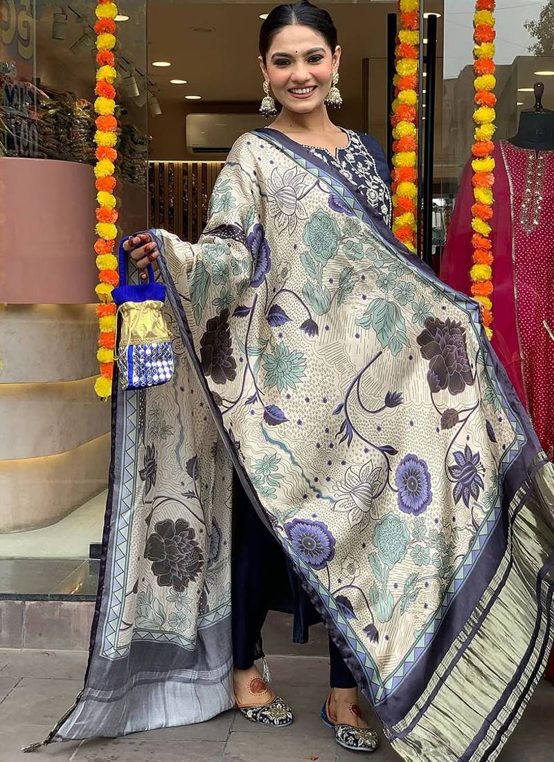 Navy blue viscose chanderi embroidered kurta set