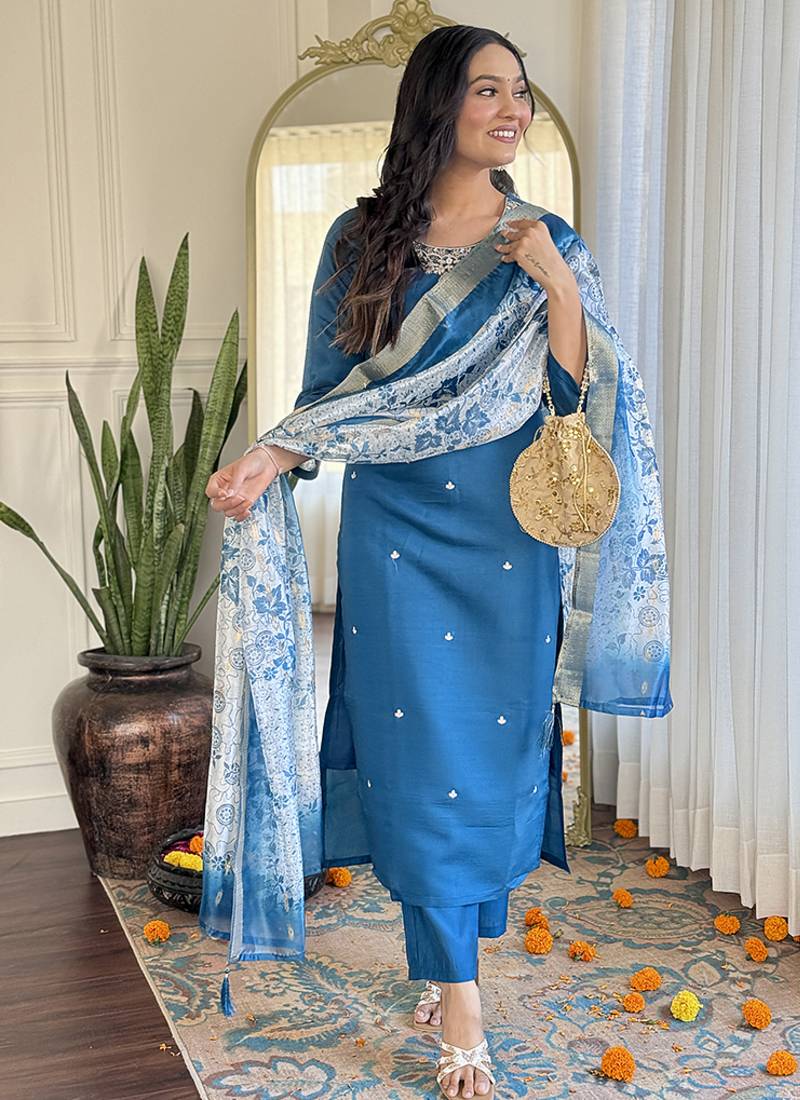 Turquoise color roman silk sttiched kurta set