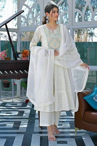 Off white  cotton embroidered sttiched kurta set