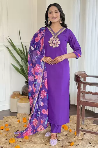 Violet color chanderi viscose sttiched kurta set