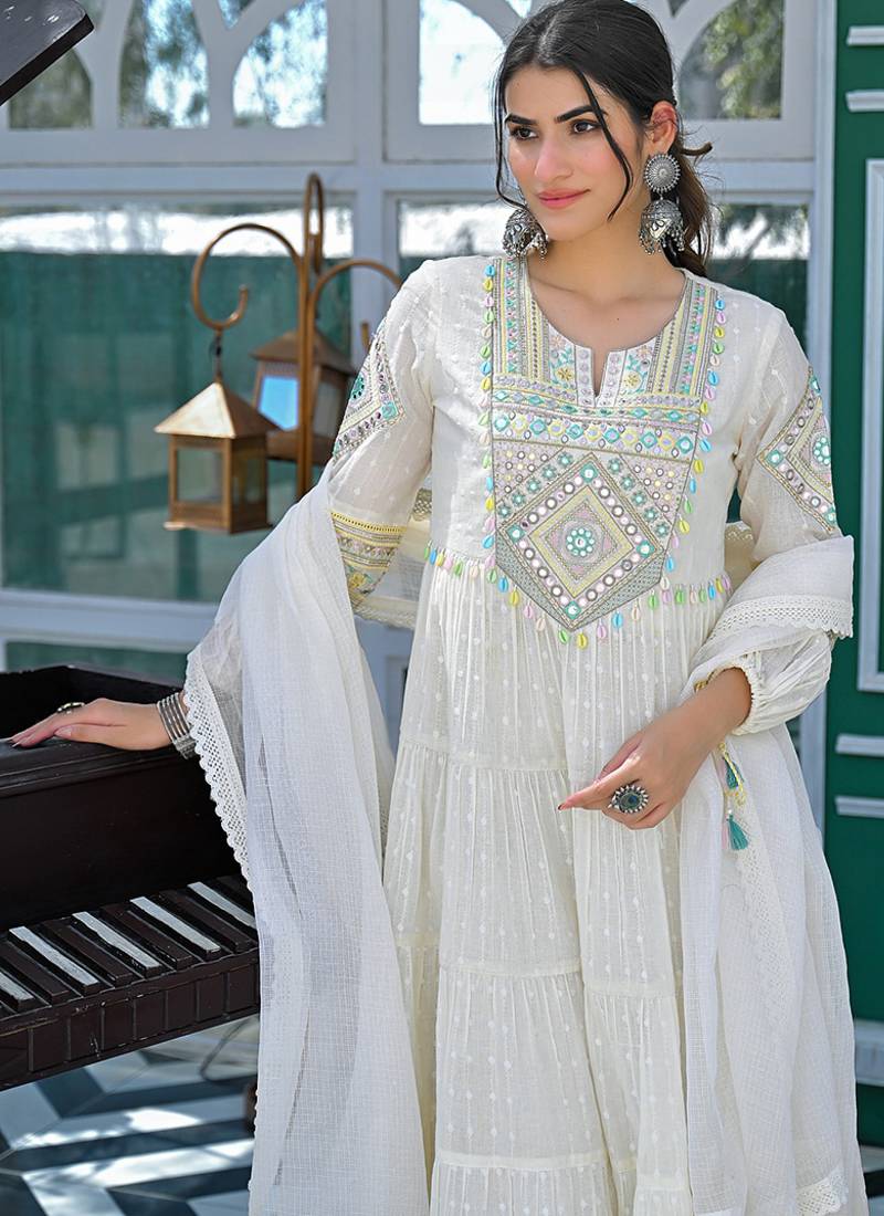 Off white  cotton embroidered sttiched kurta set