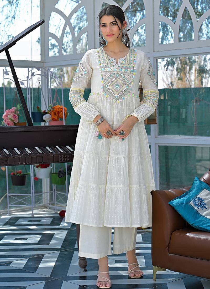 Off white  cotton embroidered sttiched kurta set