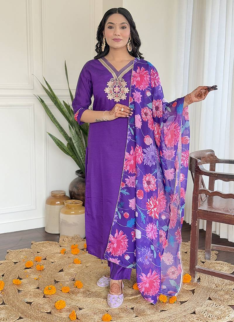 Violet color chanderi viscose sttiched kurta set