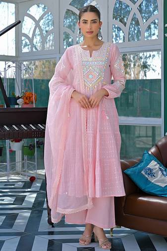 Light pink cotton embroidered sttiched kurta set