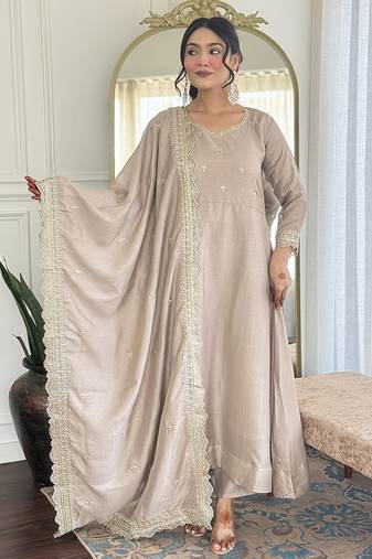 Cream color vichitra silk anarkali suit