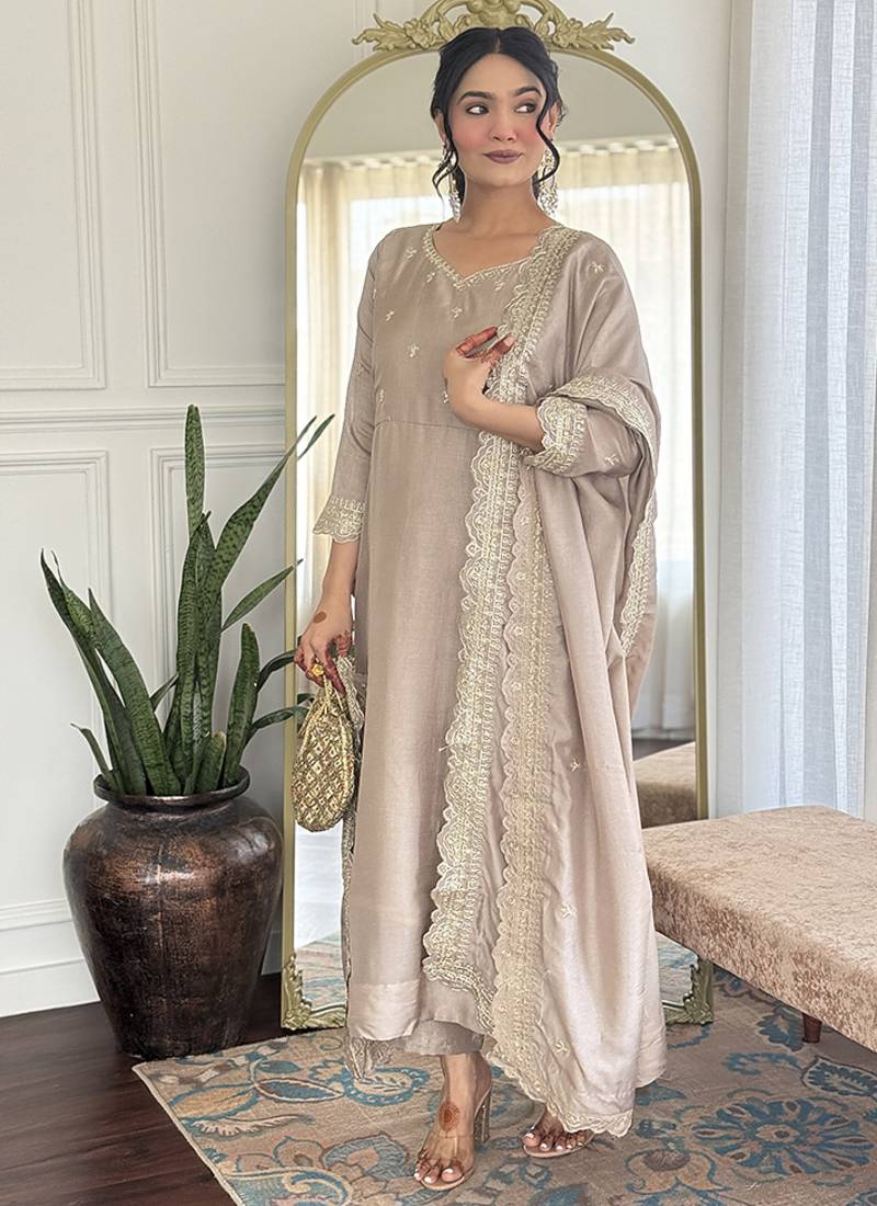 Cream color vichitra silk anarkali suit