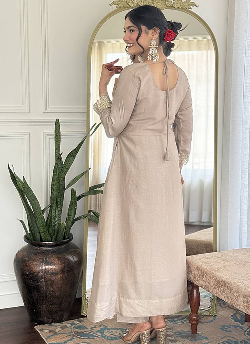 Cream color vichitra silk anarkali suit